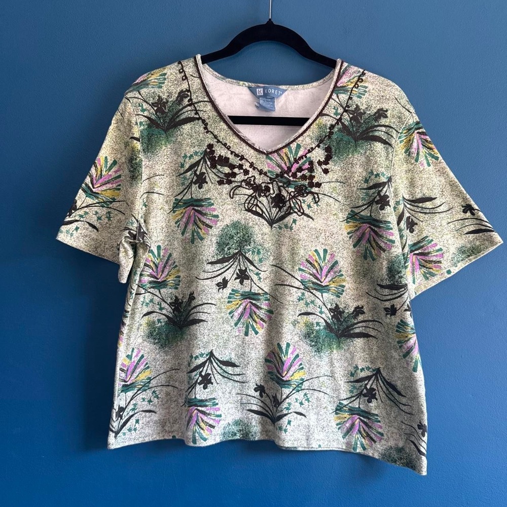 Vintage 90s Airbrush V Neck Women's Size Large Green Floral Embroidered Koret